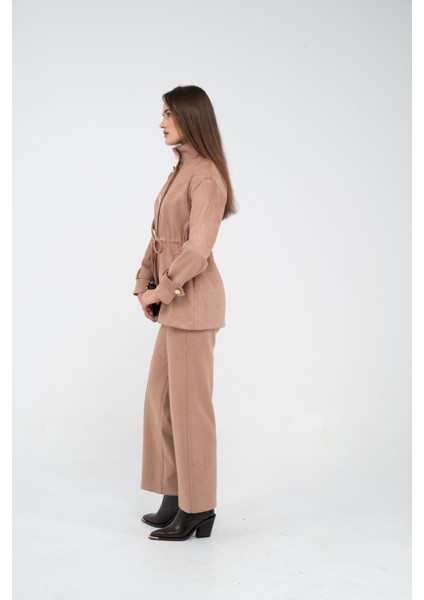 Süet Dokulu Altın Düğmeli Kuşaklı Kadın Takım 1757 fırsatları