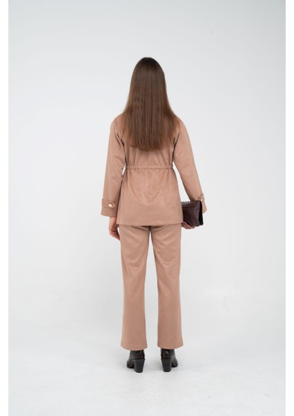 Süet Dokulu Altın Düğmeli Kuşaklı Kadın Takım 1757 indirimleri