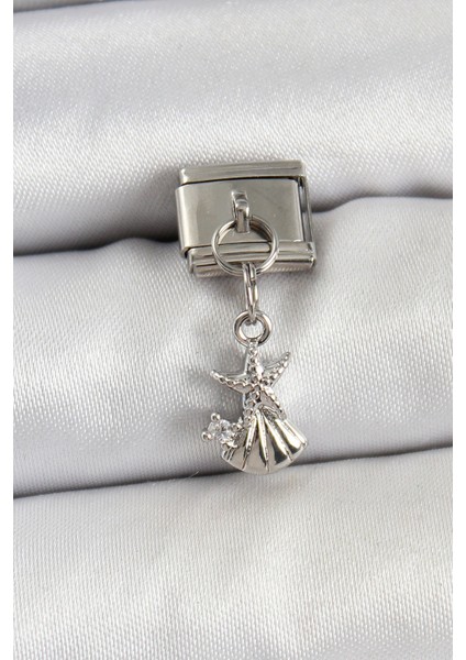 316L Çelik Sallantılı Zirkon Taşlı Deniz Yıldızı ve Istiridye Model Gümüş Renk Nomination Charm