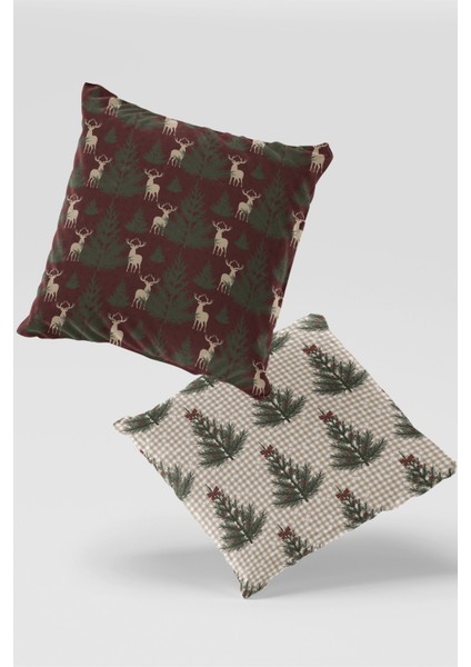 Bej Pötikare Bordo Geyik Çamağacı Yılbaşı Kırlent Kılıfıseti 2'li