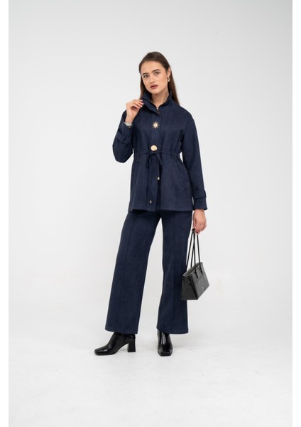 Süet Dokulu Altın Düğmeli Kuşaklı Kadın Takım 1757