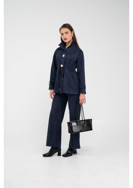 Süet Dokulu Altın Düğmeli Kuşaklı Kadın Takım 1757 fırsatları