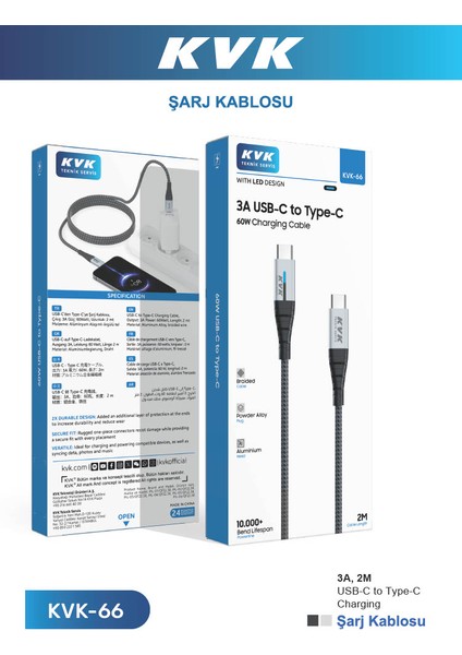 Kvk Typ-C Hasır Tasarımlı 3A Usb-C To Type-C 60W 2m Hızlı Şarj Kablosu