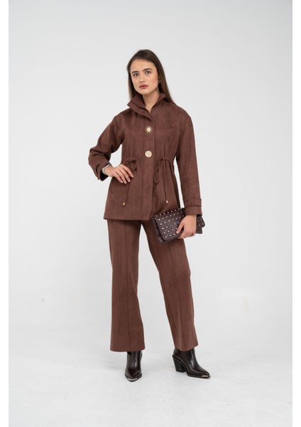 Süet Dokulu Altın Düğmeli Kuşaklı Kadın Takım 1757