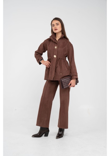 Süet Dokulu Altın Düğmeli Kuşaklı Kadın Takım 1757 fiyatları