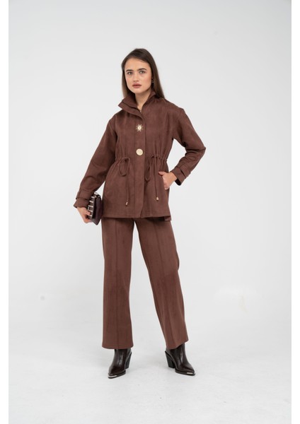 Süet Dokulu Altın Düğmeli Kuşaklı Kadın Takım 1757 modelleri