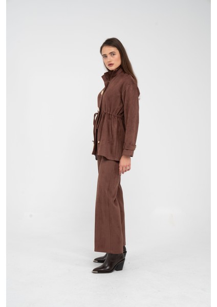 Süet Dokulu Altın Düğmeli Kuşaklı Kadın Takım 1757 fırsatları