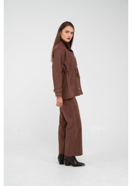 Süet Dokulu Altın Düğmeli Kuşaklı Kadın Takım 1757 indirimleri