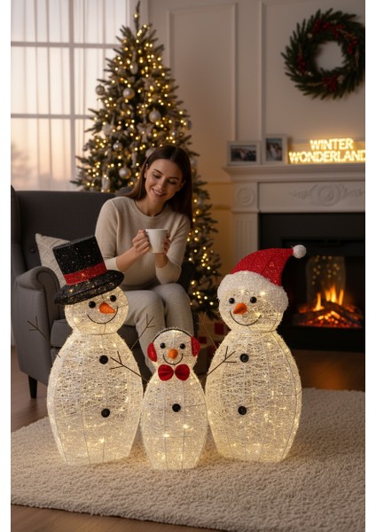 Yılbaşı Yeni Yıl Dekor Süs Işıklı Kardan Adam Ailesi 3'lü Set