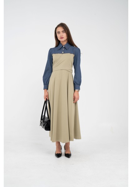 Denim Detaylı Uzun Elbise K1721