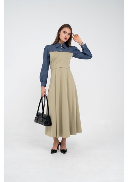 Denim Detaylı Uzun Elbise K1721 modelleri