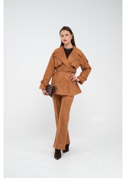 Kuşaklı Çift Düğmeli Süet Dokulu Kadın Takım 1761