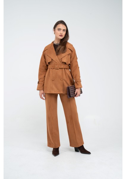 Kuşaklı Çift Düğmeli Süet Dokulu Kadın Takım 1761 indirimleri