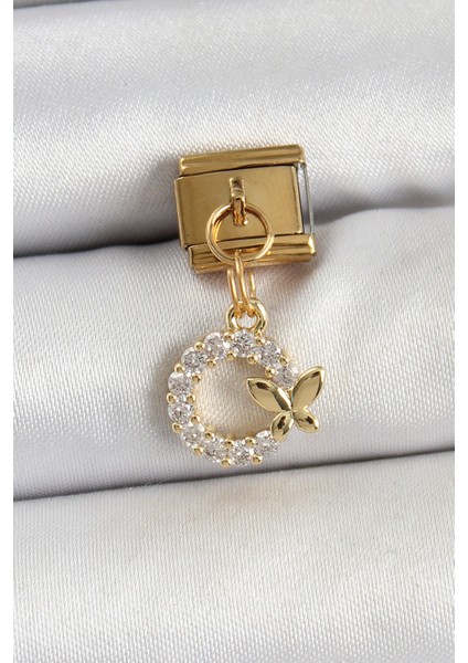 316L Çelik Sallantılı Zirkon Taşlı Kelebek Detaylı Halka Model Gold Renk Nomination Charm