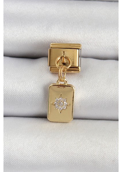 316L Çelik Sallantılı Zirkon Taşlı Kutup Yıldızı Figürlü Dikdörtgen Model Gold Renk Nomination Charm