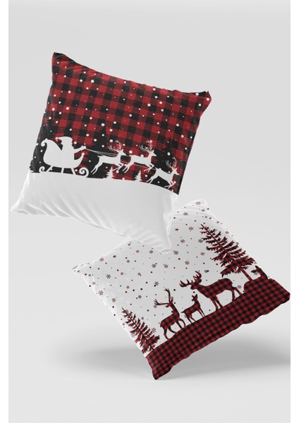 Kırmızı Ekose Yılbaşı Geyikleri Noel Baba Kırlent Kılıfı Seti 2'li