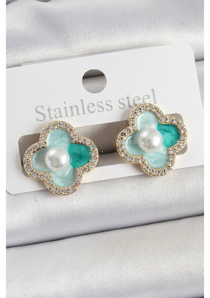 Pirinç Yeşil Mineli Inci Detaylı Zirkon Taşlı Sanatsal Portre Yonca Model Gold Renk Kadın Küpe