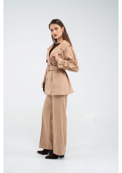 Kuşaklı Çift Düğmeli Süet Dokulu Kadın Takım 1761 fiyatları