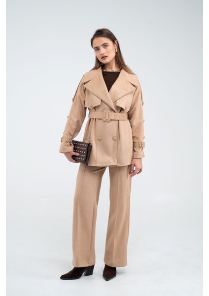 Kuşaklı Çift Düğmeli Süet Dokulu Kadın Takım 1761 modelleri