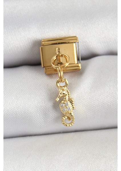 316L Çelik Sallantılı Zirkon Taşlı Çiçek Model Gold Renk Nomination Charm