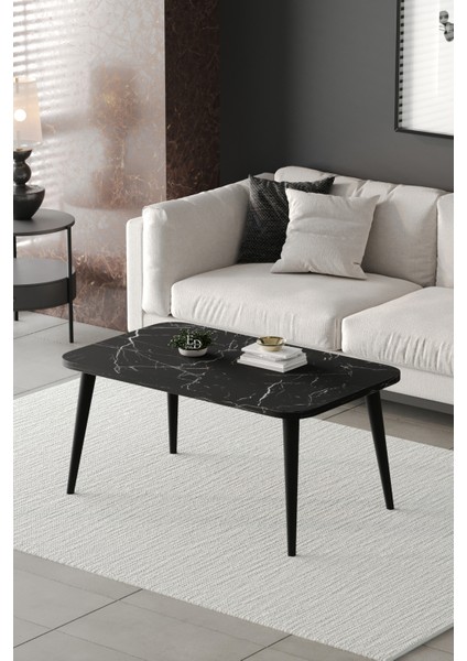 Orta Sehpa Metal Ayaklı , Roma Orta Sehpa , Siyah Metal - Siyah Mermer Tabla