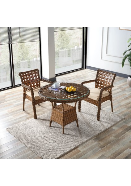 Ayaz 2 Kişilik Rattan Bahçe Balkon Mutfak Masa Takımı Kahve