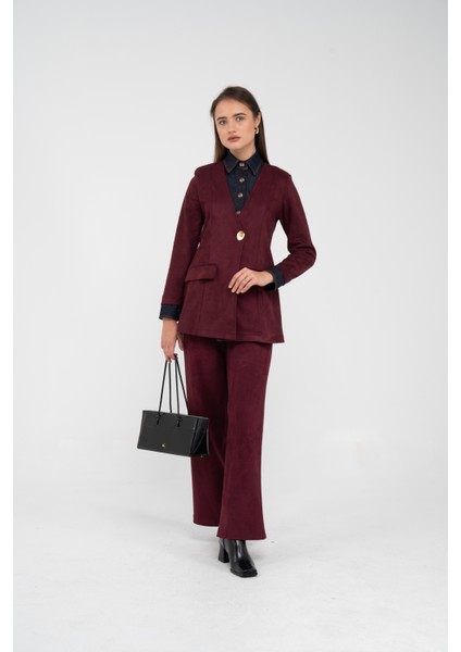 Süet Dokulu Tek Düğmeli Modern Kadın Takım 8098