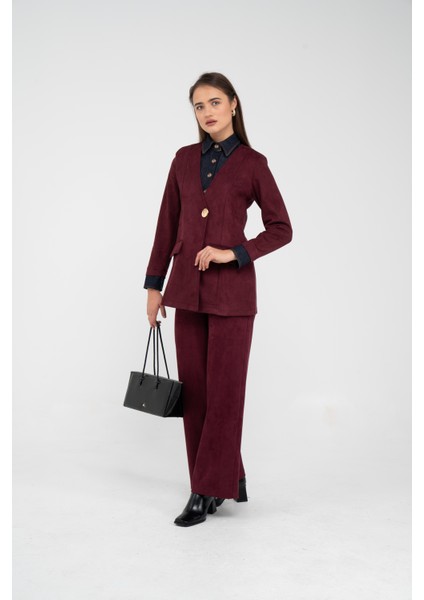 Süet Dokulu Tek Düğmeli Modern Kadın Takım 8098 fiyatları