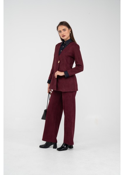Süet Dokulu Tek Düğmeli Modern Kadın Takım 8098 modelleri