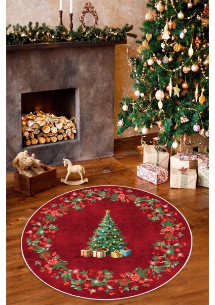 Yılbaşı Çam Ağacı Desenli Dijital Baskılı Yıkanabilir Kaymaz Taban Yuvarlak Halı