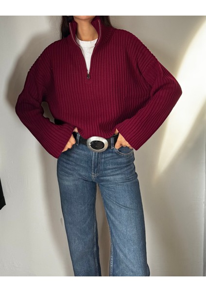Kadın Bordo Dik Yaka Fermuarlı Triko Crop Kazak