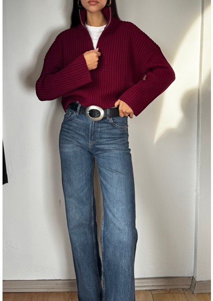 Kadın Bordo Dik Yaka Fermuarlı Triko Crop Kazak fiyatları