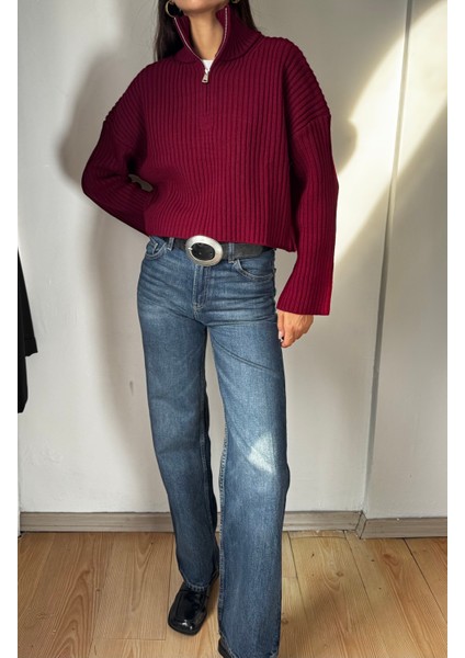 Kadın Bordo Dik Yaka Fermuarlı Triko Crop Kazak modelleri
