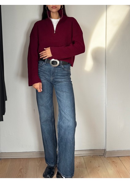 Kadın Bordo Dik Yaka Fermuarlı Triko Crop Kazak fırsatları