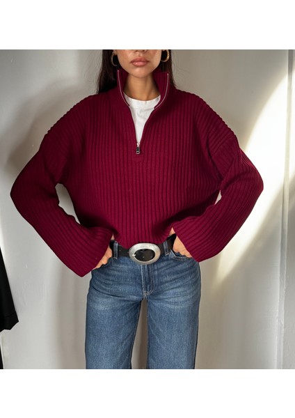 Kadın Bordo Dik Yaka Fermuarlı Triko Crop Kazak indirimleri