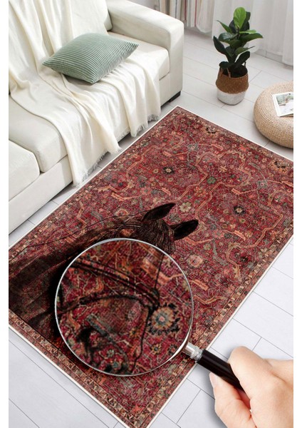 Kilim Desenli At Figurlu Yıkanabilir Kaymaz Taban Bordo Halı fiyatları