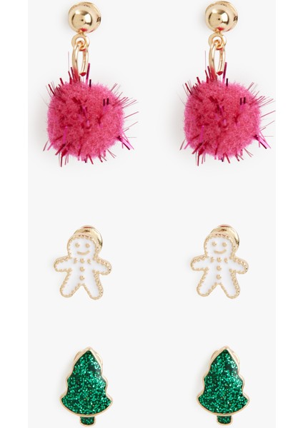 Çok Renkli Ponponlu Yılbaşı Temalı 3'lü Küpe Seti