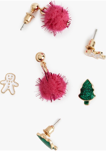 Çok Renkli Ponponlu Yılbaşı Temalı 3'lü Küpe Seti fiyatları