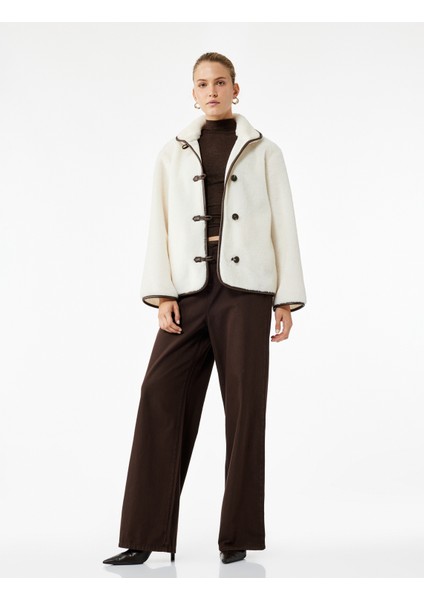 Uzun Kollu Düğmeli Kruvaze Peluş Ceket