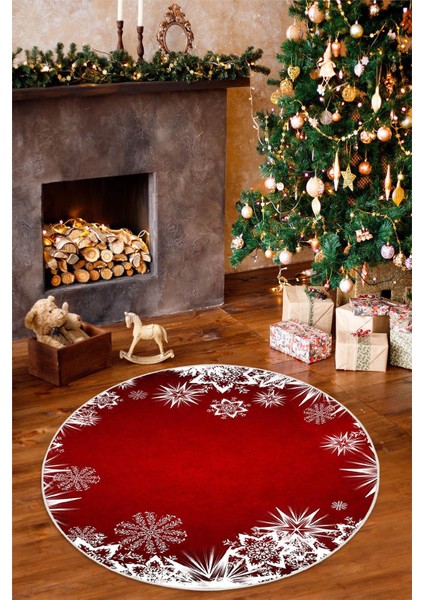 Kar Taneli Yılbaşı Temalı Dijital Baskılı Yıkanabilir Kaymaz Kırmızı Yuvarlak Halı