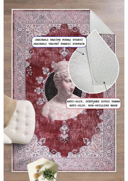 Antik Büst Desenli Bordo Kaymaz Taban Yıkanabilir Halı modelleri