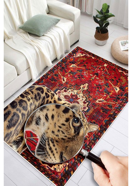Bordo Etnik Desenli Leopar Figürlü Yıkanabilir Kaymaz Halı fiyatları