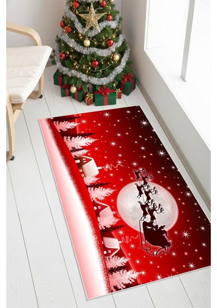 Dijital Baskılı Yıkanabilir Yılbaşı Temalı Kırmızı Geyik Desenli Halı
