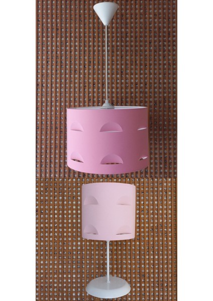 Pembe Motifli 2.li Set M-774 Kumaş Kaplama Yatak Odası Genç ve Çocuk Odası Avize ve Abajur Takımı