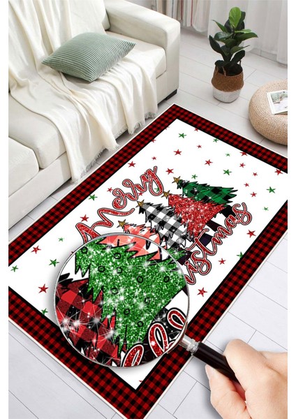 Yılbaşı Temalı Merry Christmas Dijital Baskılı Yıkanabilir Halı modelleri