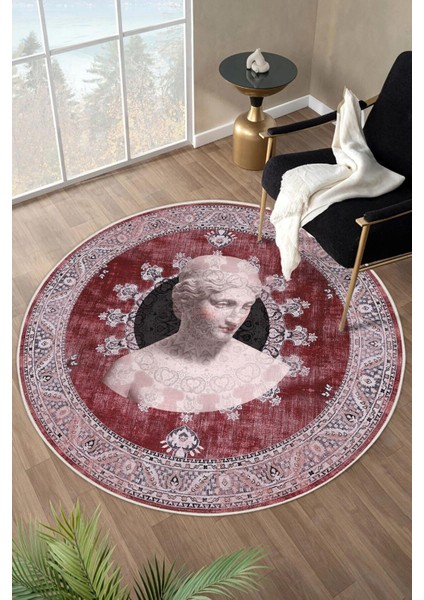 Antik Büst Desenli Bordo Kaymaz Taban Yıkanabilir Yuvarlak Halı