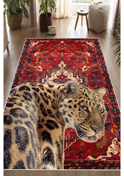 Bordo Etnik Desenli Leopar Figürlü Yıkanabilir Kaymaz Halı