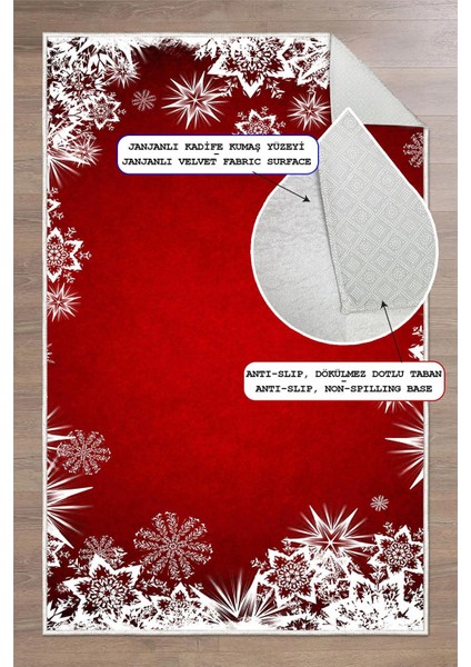 Kar Taneli Yılbaşı Temalı Dijital Baskılı Yıkanabilir Kaymaz Kırmızı Halı fırsatları