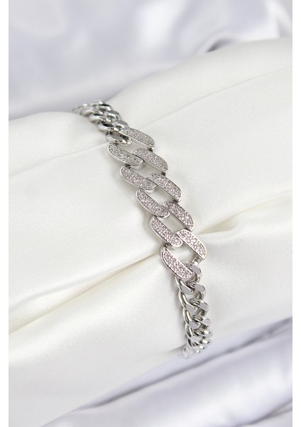 Pirinç Zirkon Taşlı Ezme Küba Zincir Model Gümüş Renk Kadın Bileklik