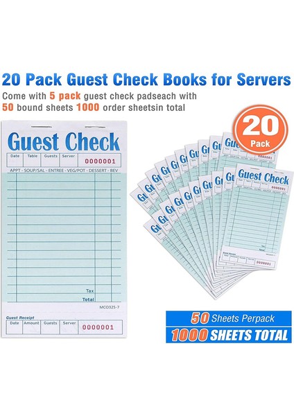 Konuk Çekler Kitabı 20 Pack, Sunucu Not Pedleri, Garson Aksesuar Kablo Pedleri, Restoran Malzemeleri Sipariş Pedleri 1000 Sayı Toplam (Yurt Dışından) fiyatları